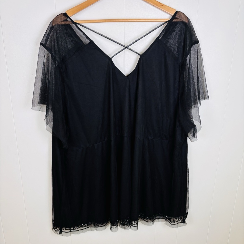 Torrid 6 Black Mesh Sequin Babydoll Top Womens Plus Sz 6X Beaded Flutter Sleeve - Picture 13 of 16